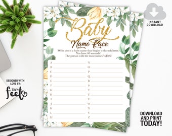 Greenery Baby Shower Game Baby Name Race, Botanical Baby Shower Game, Floral Baby Shower Game, Instant download Baby Shower, Baby Name Race