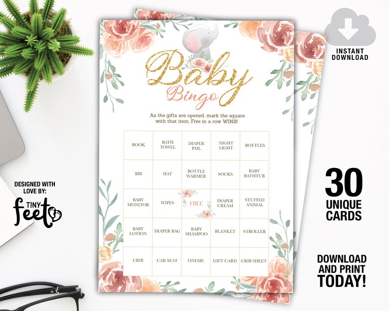 Floral Elephant Baby Shower Bingo Cards Elephant Baby Shower Etsy