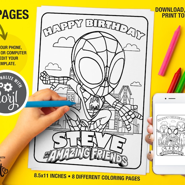 Spidey and His Amazing Friends Coloring Pages, Custom Name Spiderman Coloring Pages, Birthday Party Templates, Spidey Party Favors