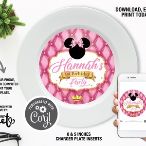 Royal Minnie Charger Plate Inserts, Princess Minnie Mouse Thank You Inserts, Instant download Birthday Decoration, Minnie Template