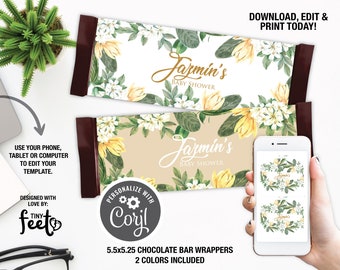 Greenery Baby Shower Candy Bar Wrappers, Botanical Chocolate Bar Wrapper, Floral Baby Shower, Instant download Baby Shower Wrapper Template