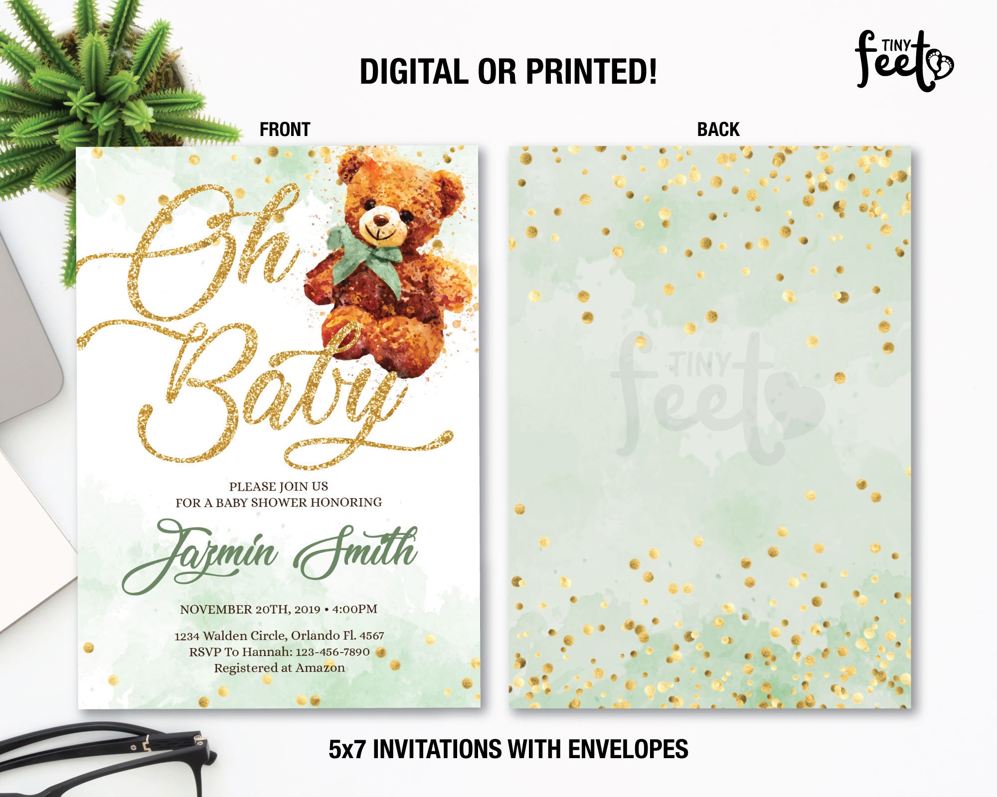 PRINTED or DIGITAL Green Teddy Bear Baby Shower Invitation Etsy