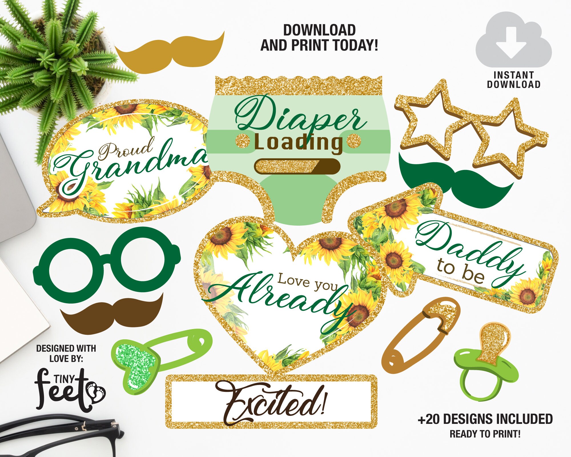 Sunflower Baby Shower Photo Booth Props Floral Baby Shower Etsy