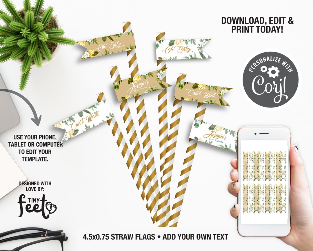Greenery Baby Shower Straw Toppers Botanical Straw Flags Etsy