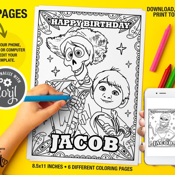 Coco Coloring Pages, Custom Name Mexican Party Coloring Pages, Birthday Party Templates, Coco Party Favors