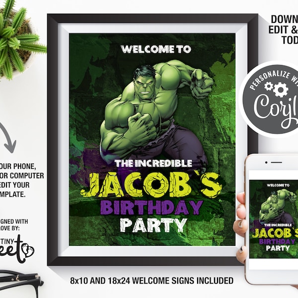Cartel de bienvenida de cumpleaños de Hulk, decoración de fiesta de Hulk, el increíble cartel digital o impreso de Hulk, cartel de fiesta de cumpleaños de superhéroe