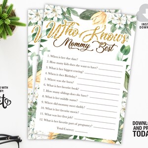Greenery Baby Shower Who Knows Mommy Best Game, Botanische Baby Shower Game Cards, Floral baby Shower Games, Instant download Baby Shower