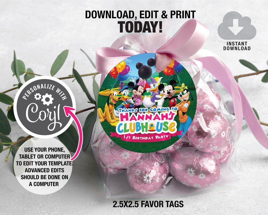 Pink Clubhouse Favor Tags, Mickey Mouse Round Favor Tag, Favor Tags ...