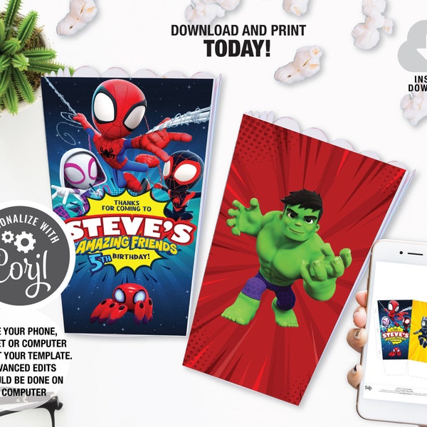 Spidey and his Amazing Friends Popcorn Box, Superhero Birthday Party, Instant Download, Spiderman Party Decoration Templates, DIY