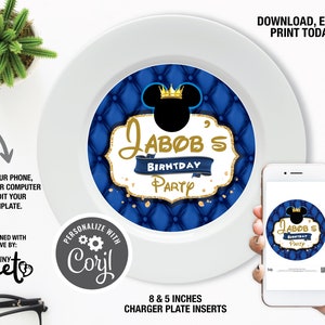 Royal Mickey Charger Plate Inserts, Prince Mickey Mouse Thank You Inserts, Instant download Verjaardag Decoratie, Mickey Mouse Charger Plate