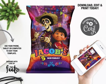 Coco Birthday Chip Bags, Mexican Party Decoration, Téléchargement instantané, 5 de Mayo Printable Chip Bags Wrappers, Coco DIY Template