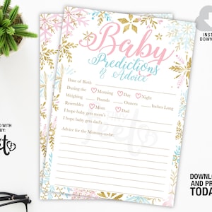 Fiocchi di neve Baby Previsioni e consigli, Gender Reveal Party, Winter Baby Doccia Consigli Carte, Download istantaneo Giochi doccia, fai da te