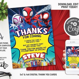 Spidey and his Amazing Friends Thank You Cards, Spiderman Birthday Party, Digital Spidey Birthday Cards Template, Boy birthday Party