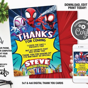 Cartões de agradecimento do Aranha e seus amigos incríveis, festa de aniversário do Homem-Aranha, modelo digital de cartões de aniversário do Aranha, festa de aniversário de menino