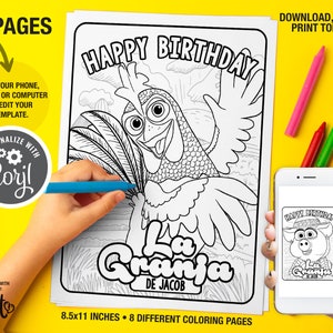 Páginas para colorear de La Granja de Zenon, Páginas para colorear de Zenon Farm con nombre personalizado, Plantillas de fiesta de cumpleaños de Animal Barn, Favores de fiesta de Zenon