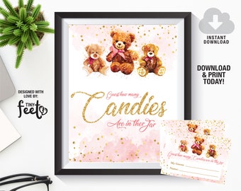 Pink Teddy Bear Baby Shower Game, Guess how many candies, Star Baby Shower Game, Instant download Baby Shower Games, Guess Game