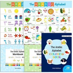 May include: Educational set featuring The Arabic Alphabet posters and workbooks. The posters display letters and numbers with colorful illustrations like fruit, animals, and objects. The dark blue coloring book cover shows a circular graphic with icons and the text The Arabic Alphabet Coloring Book by Umm Kulthum.