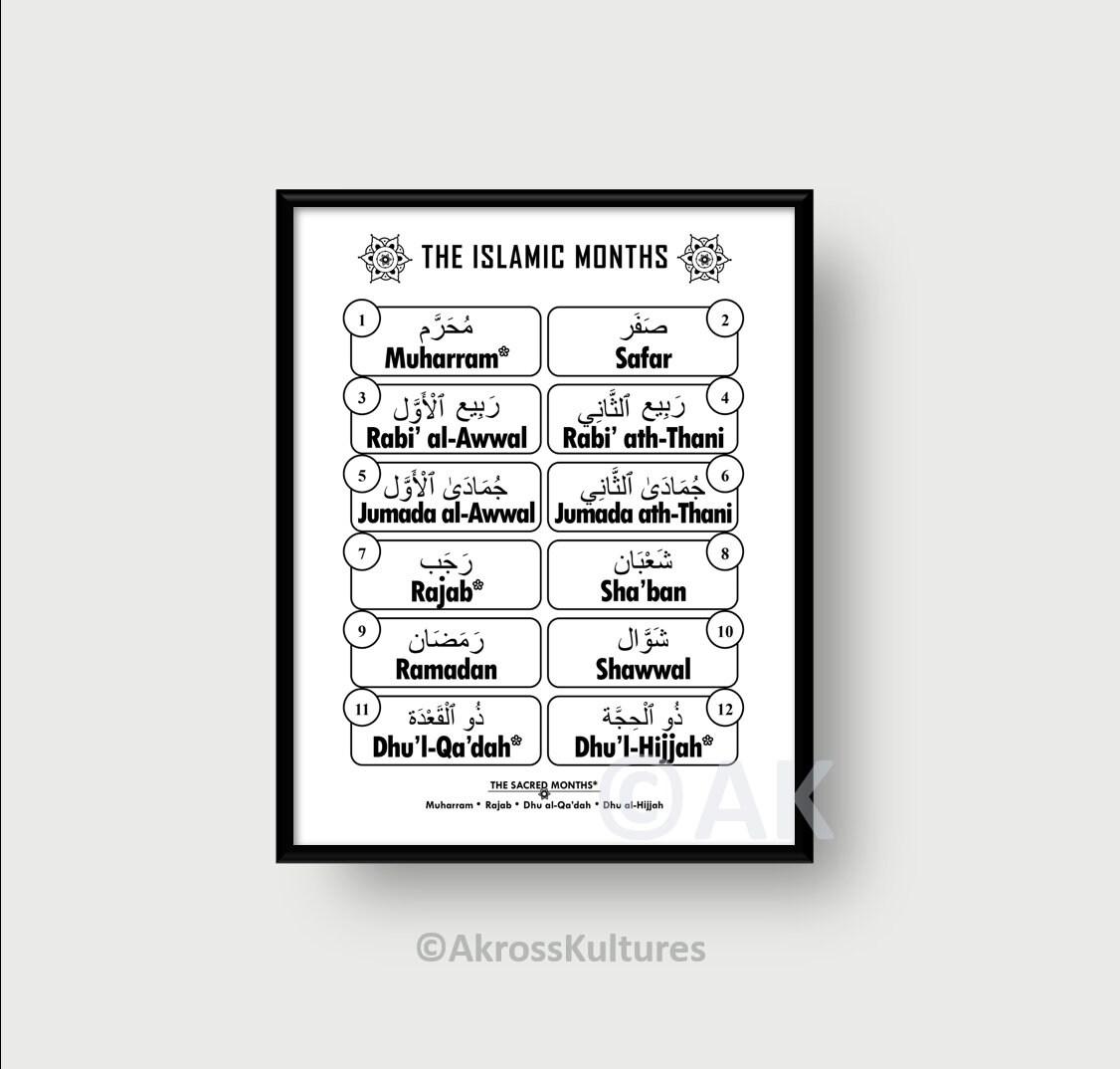 Islamic Months Poster Print Wall Art Printable Black and - Etsy España
