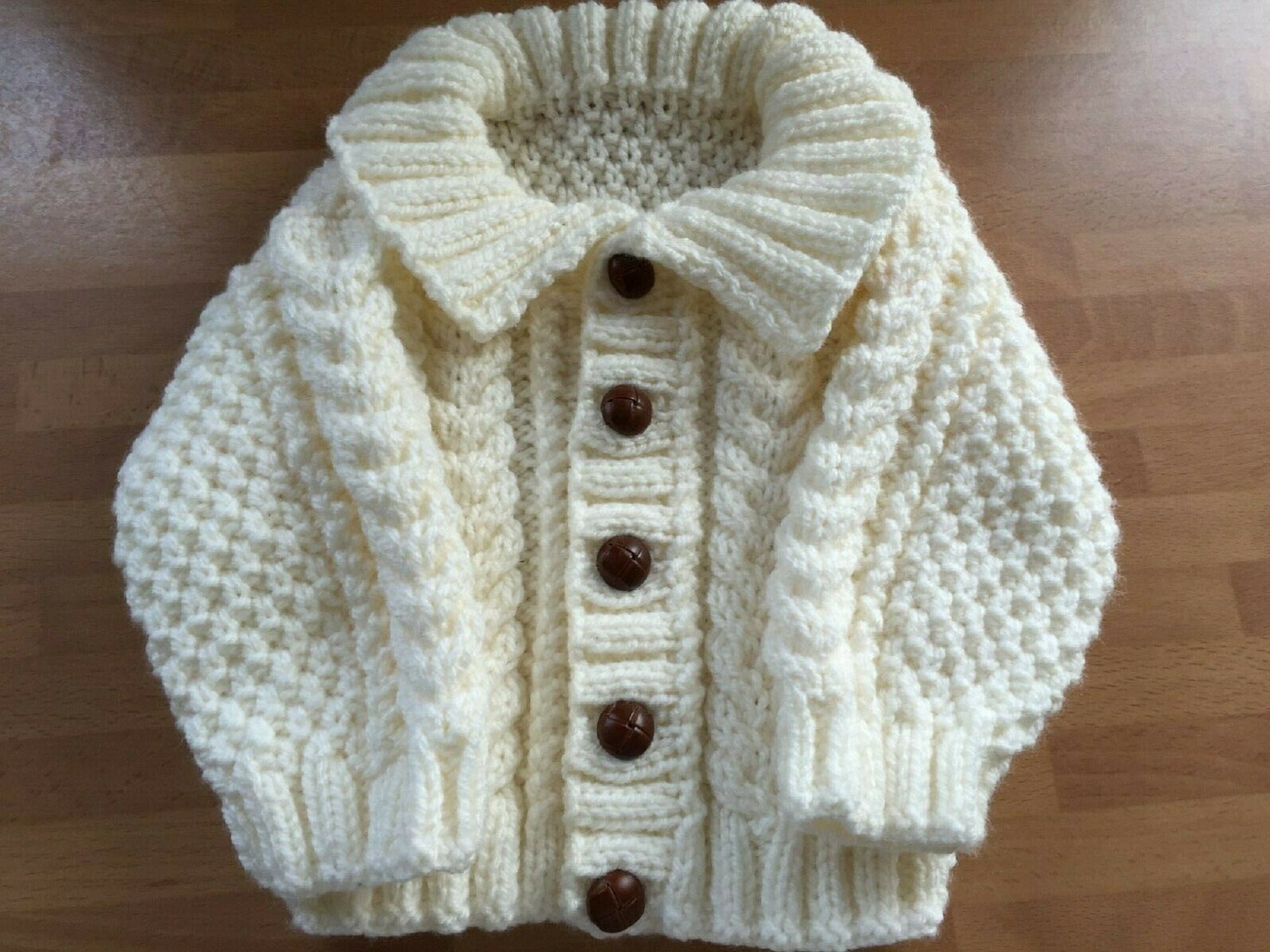 Hand Knitted 100 Wool New Born Baby Aran Cardigan In Cream Etsy