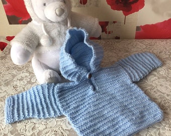 Hand Knitted Baby Boy Blue Aran Acrylic Yarn Hoodie 3-6 Month