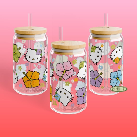 16oz Glass, Tropical Tumbler, Kawaii Glass Cup, Hibiscus Tumbler, Soda Can Glass, Guam, Valentine's Day Gift, Gifts for Her, Banana Leaf