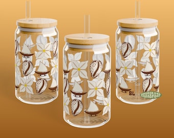 16oz Glass, Tropical Inspired Tumbler, Tropical Gift, Hibiscus Flower, Seashell, Guasali Flower, Guam CNMI Pacific Islander, Summer Soda Can