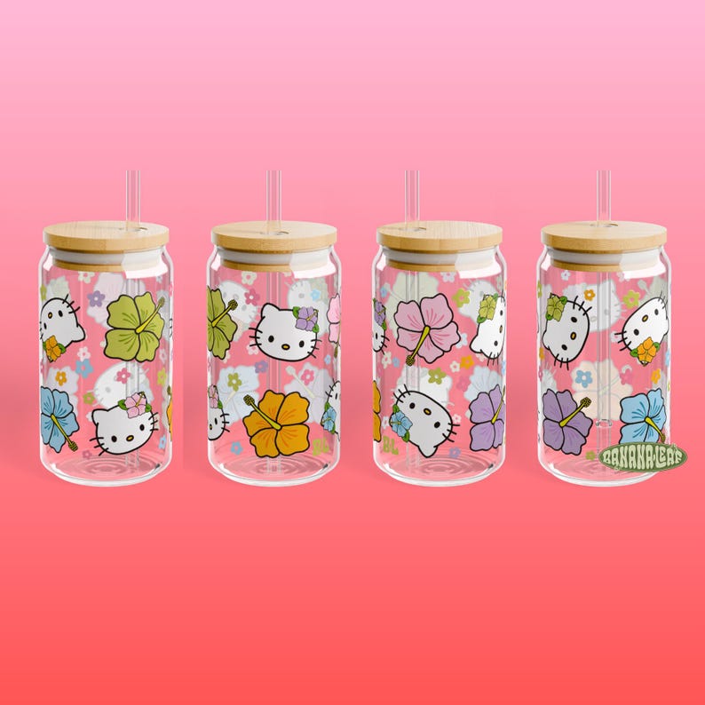 May include: Four clear glass tumblers with bamboo lids and straws. Each tumbler features a different Hello Kitty design with floral patterns and a pink background.