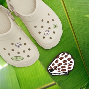May include: Two beige clogs with a brown and white shell design on each shoe. The clogs have a small green label with the text "Banana Leaf" on one shoe and a green label with the text "BL" on the other shoe. A brown and white shell design is also shown separately on a green leaf background with the text "Banana Leaf LLC".