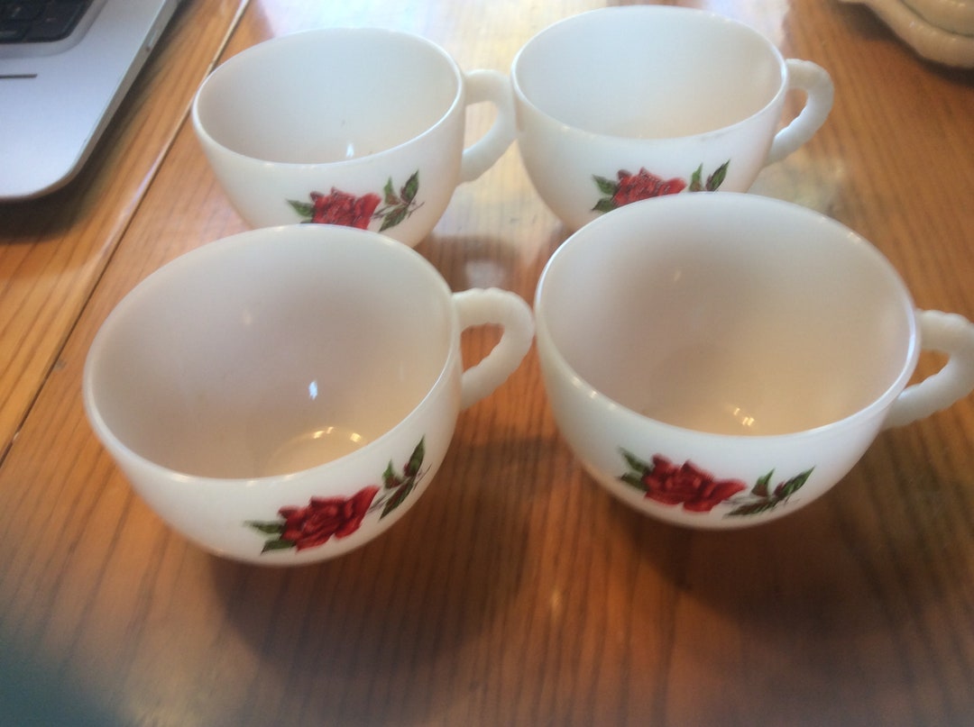4 Milk Glass Vintage Snack Sets With Rose Design Etsy