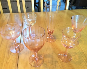 Set of 6 vintage pink depression glass wine goblets and stems