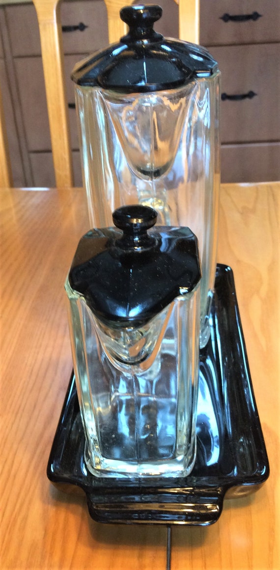 Art Deco Paden City Glass Set of 2 Clear Glass Pitchers W Black Glass Lids  