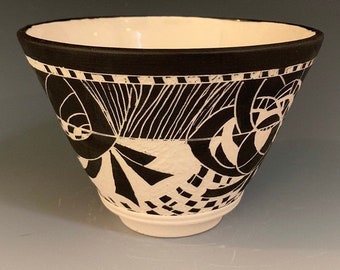 Sgraffito abstract porcelain bowl.