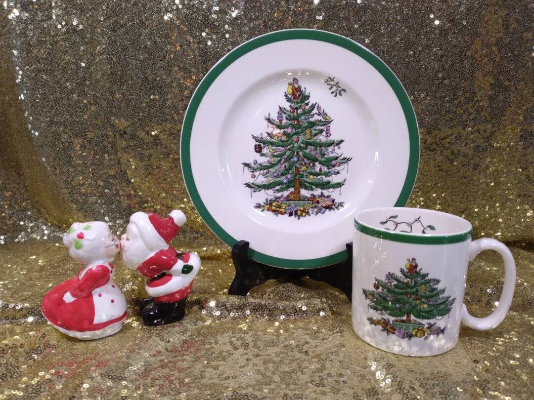 Vintage Spode Christmas Tree Salad Plate and Coffee Mug Made in England