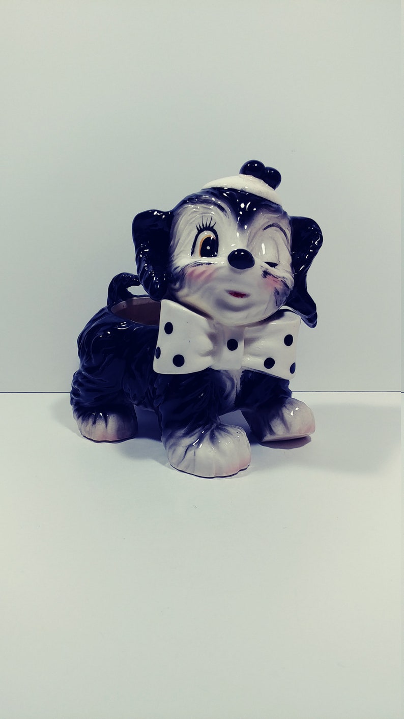 Vintage black and white winking puppy with bow tie and hat planter