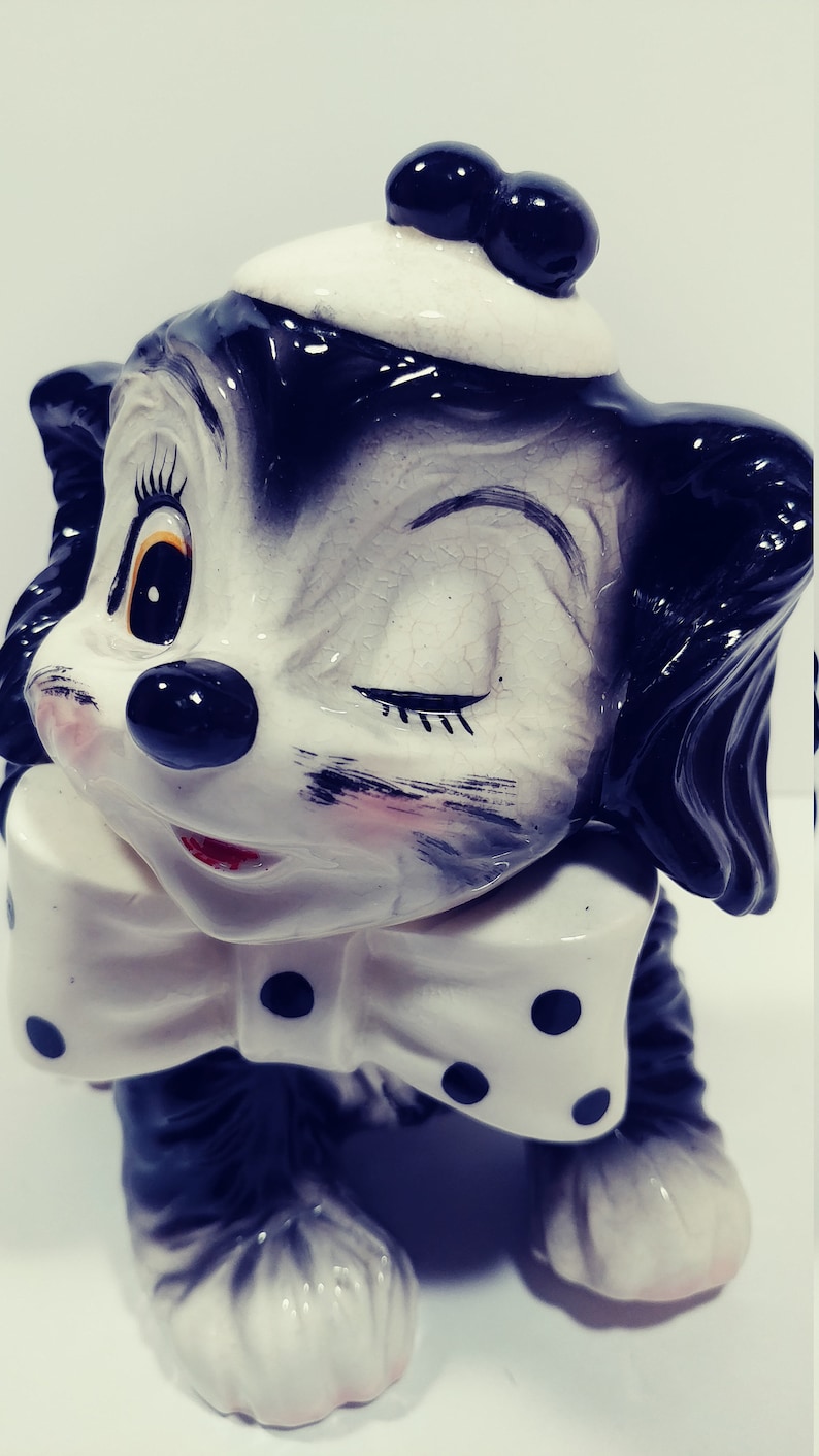 Vintage black and white winking puppy with bow tie and hat planter