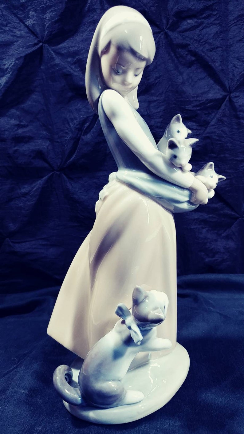 Lladro Following her cats girl with kittens issued | Etsy