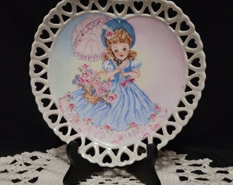 Set of 2 Reticulated Open Lace Luster Hearts Dish Plates Hand Painted Artist signed 1956 Southern Bell in Pink and Blue Dresses