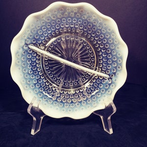 Vintage Mid Century Anchor Hocking Opalescent Moonstone Hobnail Glass divided serving /relish dish 1940s