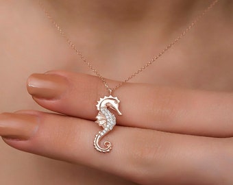 Sea Horse Necklace | Sterling Silver Rose Gold Sea Horse Necklace Pendant | Tiny Shiny Zircon Sea Horse Pendant Necklace | Sea Horse Pendant