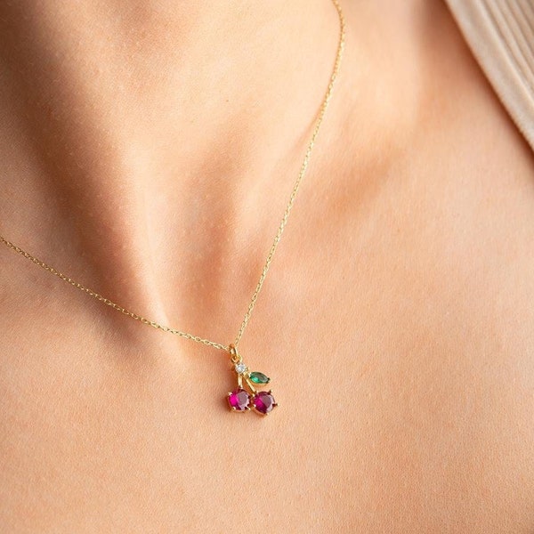 Silver Red Cherry Necklace | Mystic Topaz Cherry Necklace | Summer Fruits Necklace | Red Cherry Pendant | Rose Gold Chain Cherry Necklace