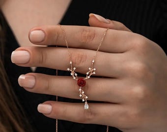 Red Rose Necklace | Romantic Gifts | Rose Gold Rose Necklace | Love Statement Necklace | Wedding Jewelry | Bridal Jewelry | Red Rose Pendant