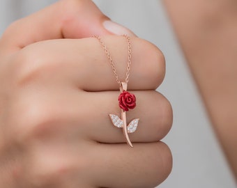 Rose Necklace | Romantic Gifts | Rose Gold Rose Necklace | Engagement Necklace | Wedding Jewelry | Bridal Jewelry | Red Rose Pendant