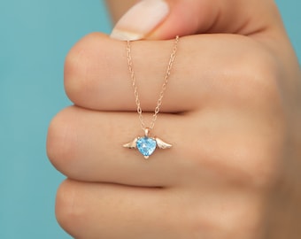 Silver Aquamarine Stone Heart Necklace | Angel Wings Necklace | Tiny Aquamarine Heart with Angel Wings Necklace | Dainty Aquamarine Pendant