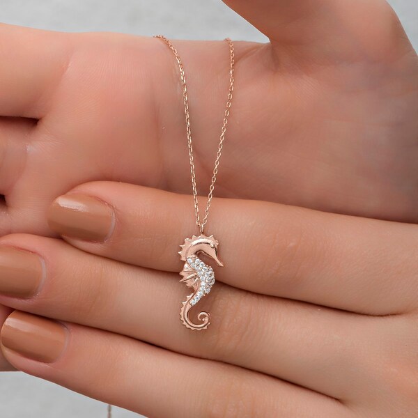 Collier hippocampe | Pendentif collier hippocampe en argent sterling or rose | Collier pendentif petit cheval de mer Zircon brillant | Pendentif Hippocampe