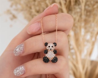 Panda Halskette | Panda Halsketten-Anhänger Silber Schwarz und Weiß | Winzige reizende Rose Gold Panda Halskette | Schmuck Geschenke für Mama | Panda Bär