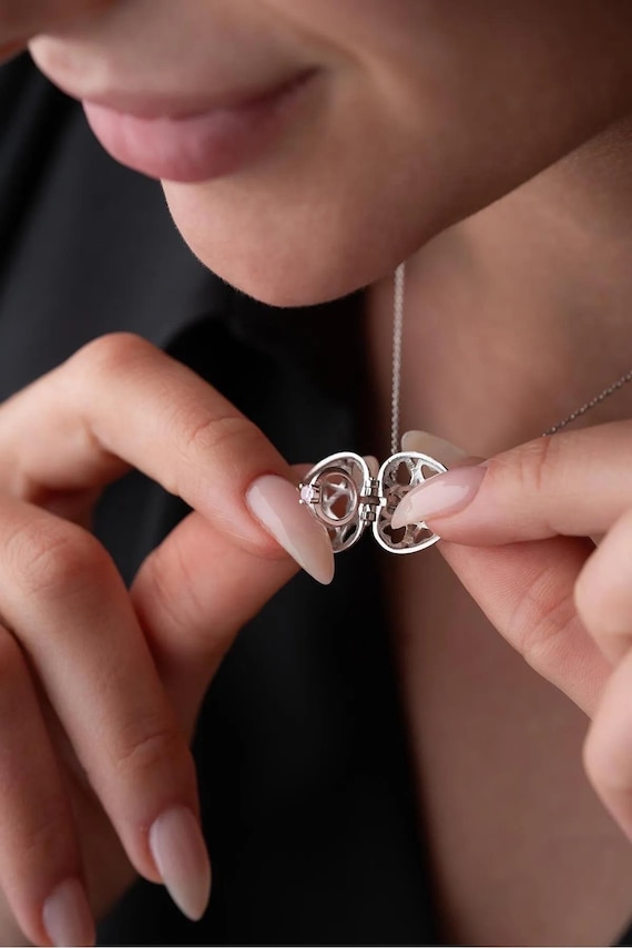 Heart Locket Necklace With Hidden Solitaire Ring Openable Heart