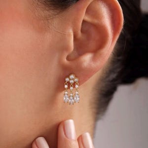 Può includere: Orecchini dorati con un design a goccia che presenta più pietre di zircone cubico trasparenti.