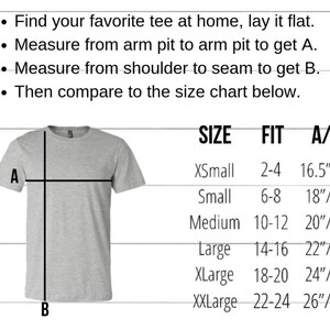 May include: A size chart for t-shirts with measurements in inches. The chart shows the size, fit, and measurements for the chest and length. The measurements are taken from a flat-laying t-shirt.