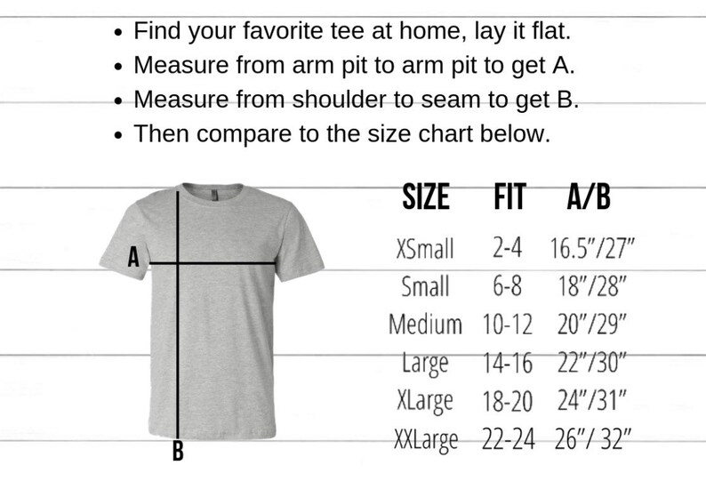 May include: A size chart for t-shirts with measurements in inches. The chart shows the size, fit, and measurements for the chest and length. The measurements are taken from a flat-laying t-shirt.