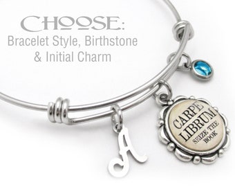 CARPE LIBRUM CHARM Bracelet, Gift For Book Lover, Gift For Her, Bracelet For Book Lover, Choose Initial, Choose Birthstone, Gift for Readers